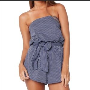 Strapless Pin Stripe Romper with Tie
